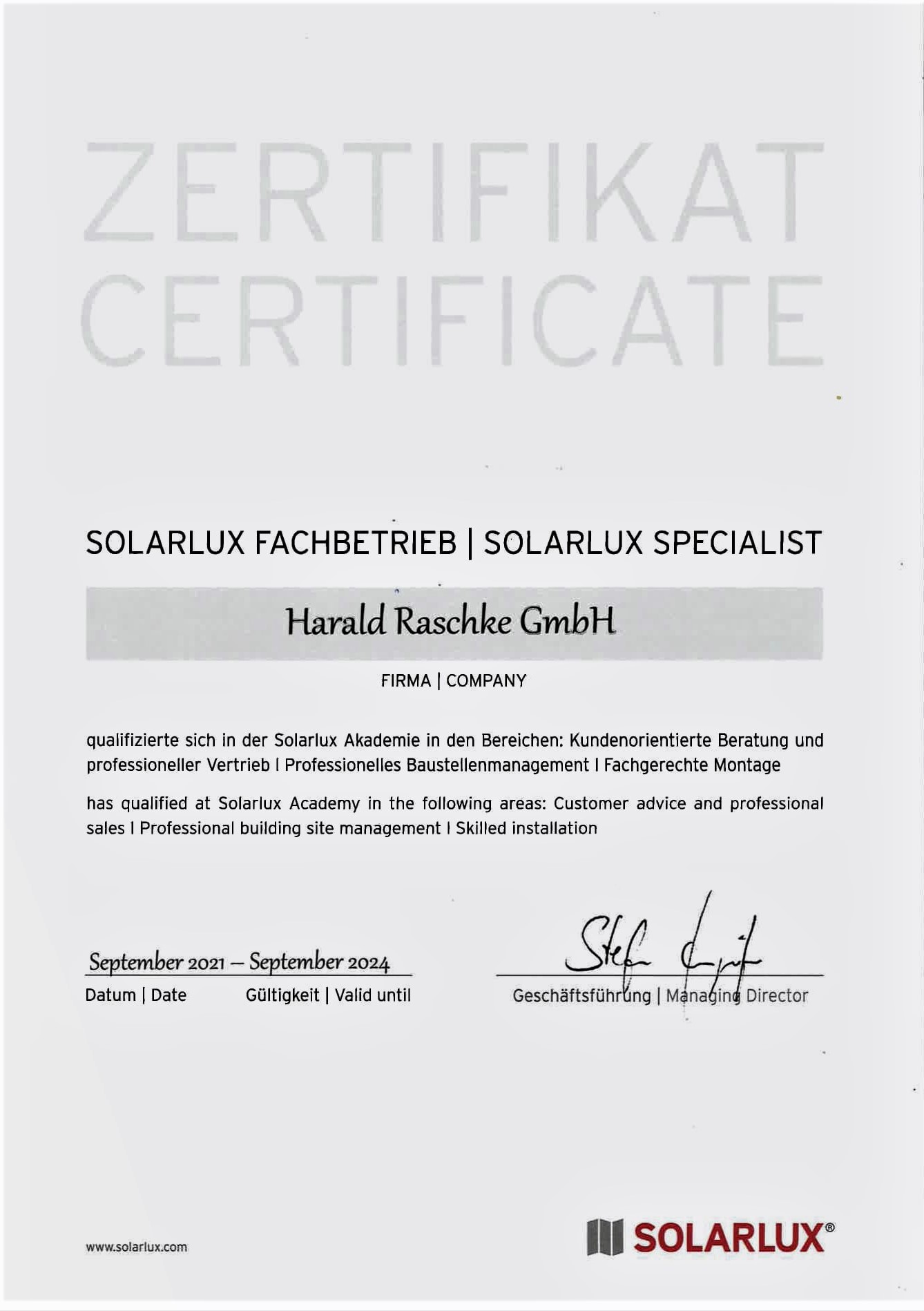 SOLARLUX Zertifikat Fachbetrieb 2021 - 2024